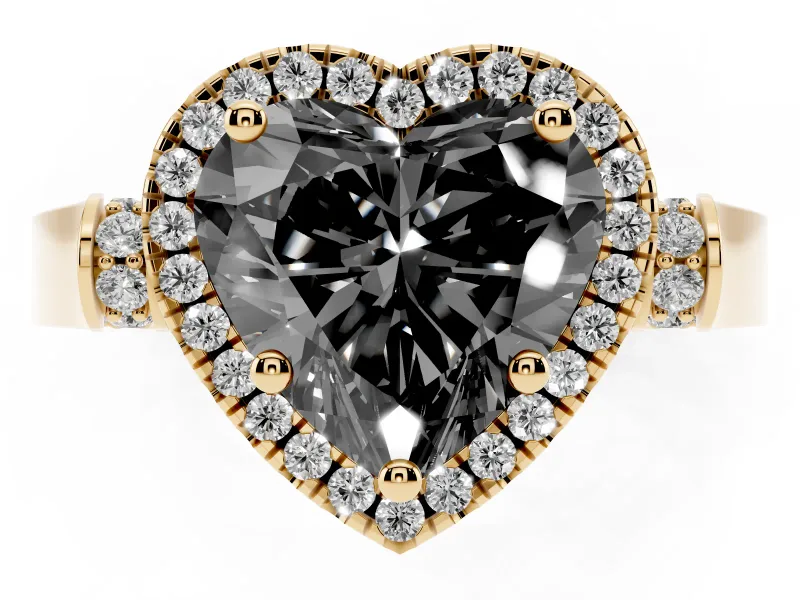 Heart-Shaped Halo Engagement Ring Setting for a Black Center | Pointed Pavé Shoulders | Yellow Gold
