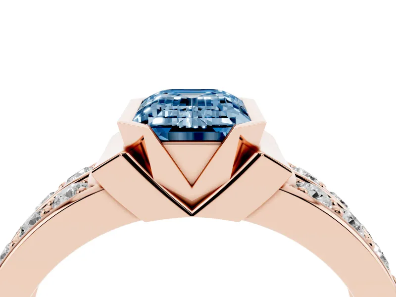 Emerald Cut Half Bezel Engagement Ring Setting for a Fancy Blue Lab-Grown Diamond | Double Row Channel Band | Rose Gold