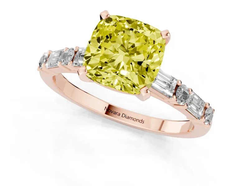 Fancy Yellow Cushion Cut Diamond Solitaire Set in Rose gold with Side Baguettes and Channel Set Band