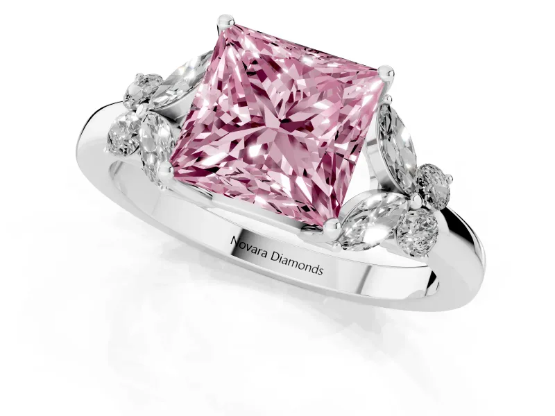 Fancy Pink Princess Cut Diamond Solitaire Floral Ring Set in Silver with Marquise Petals and Prong Setting