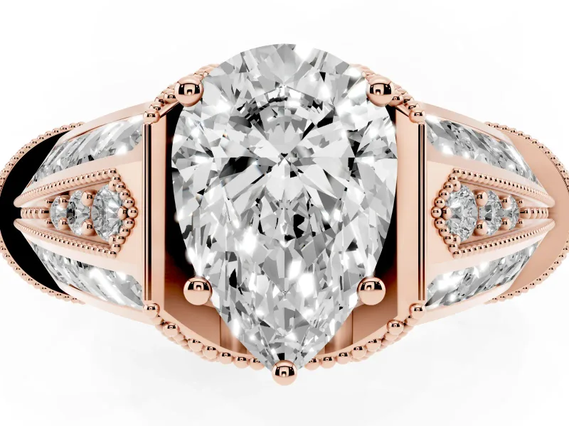 Pear Cut Diamond Vintage-Inspired Milgrain Ring Set in Rose gold with Accent Split Shank