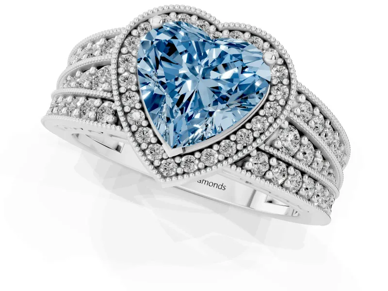 Fancy Blue Heart Cut Diamond Halo Ring Set in Platinum with Accent Split Shank and Prong Setting