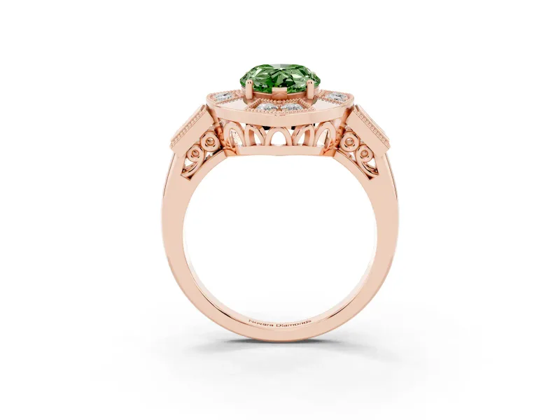 Fancy Green Pear Cut Diamond Milgrain Halo Ring Set in Rose gold with Split Shank