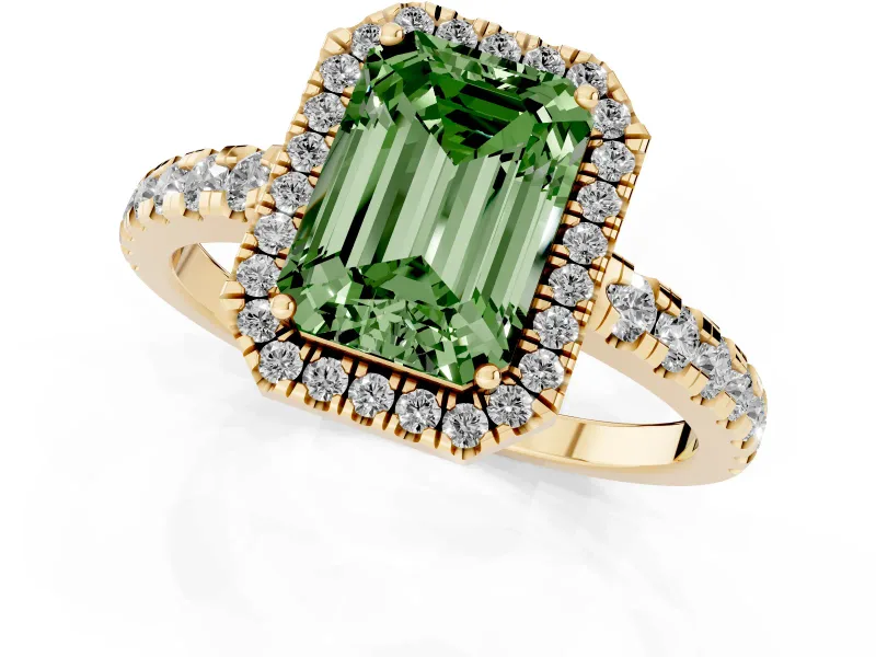 Fancy Green Emerald Cut Diamond Halo Ring Set in Yellow gold with Delicate Pavé Band and Prong Setting
