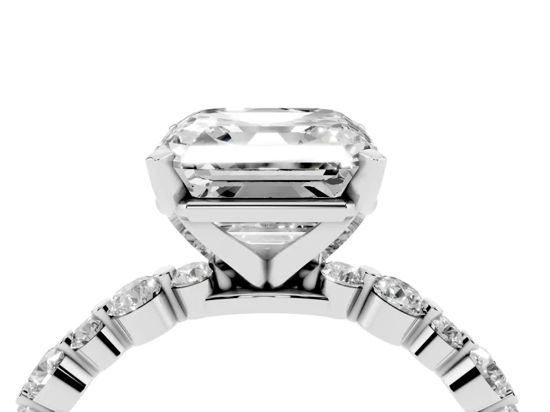 Asscher Cut Diamond Prong Set Engagement Ring Set in White gold with Round Accent Pavé Band