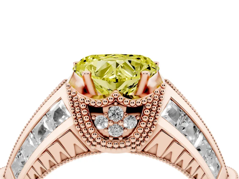 Fancy Yellow Heart Cut Diamond Vintage-Inspired Milgrain Ring Set in Rose gold with Accent Split Shank