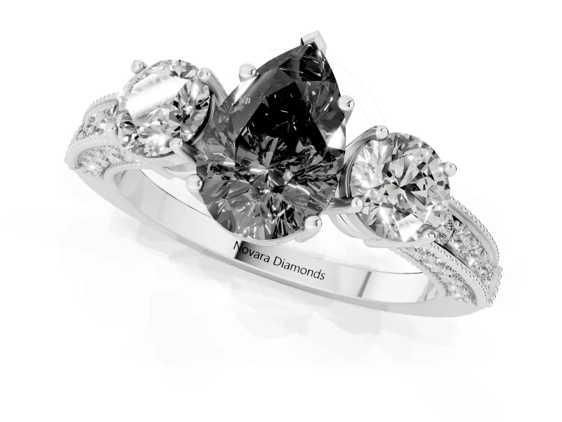 Pear-Shaped Vintage Three Stone Engagement Ring Setting for a Black Center | Graduated Milgrain Pavé | Sterling Silver