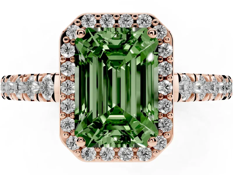Fancy Green Emerald Cut Diamond Halo Engagement Ring Set in Rose gold with Pavé Band and Prong Setting