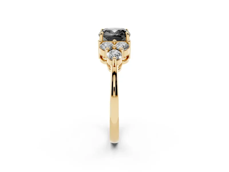 Fancy Black Cushion Cut Diamond Solitaire Ring Set in Yellow gold with Cluster Accents on Each Side