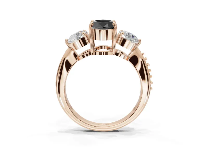 Oval Three Stone Engagement Ring Setting for a Black Center | Tapered Pavé Band | Rose Gold