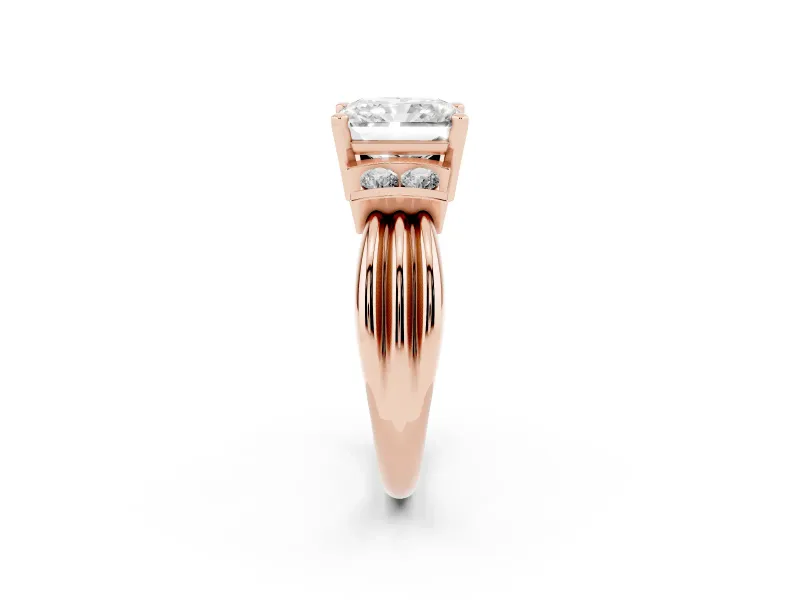 Three-Stone Radiant Cut Diamond Channel Set Ring Set in Rose gold with Bar Prongs