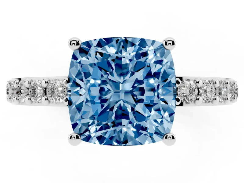 Fancy Blue Cushion Cut Diamond Solitaire Set in Platinum with Round Pavé Band and Prong Setting