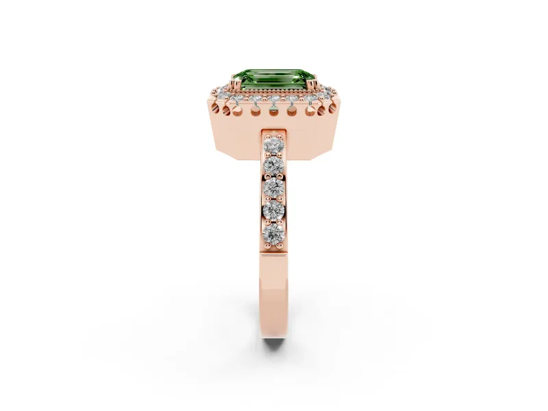 Emerald Cut Milgrain Halo Engagement Ring Setting for a Fancy Green Lab-Grown Diamond | Pavé Shoulders | Rose Gold