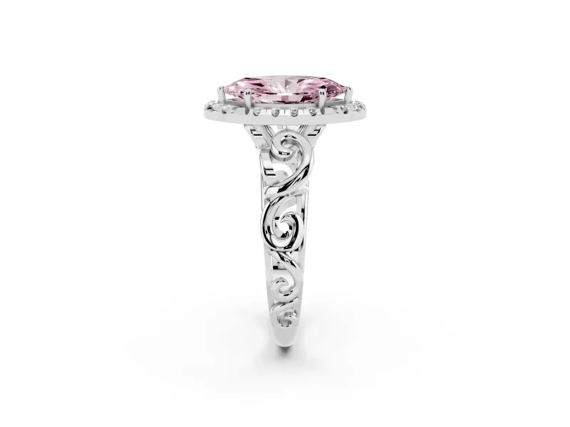 Fancy Pink Marquise Cut Diamond Halo Ring Set in White gold with Scrollwork Band and Prong Setting