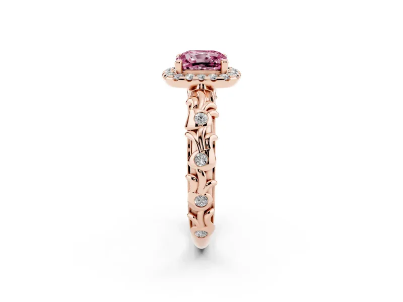 Cushion Cut Leaf Halo Engagement Ring Setting for a Fancy Pink Lab-Grown Diamond | Bezel Accents | Rose Gold