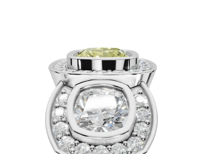 Cushion Cut Three Stone Halo Engagement Ring Setting for a Fancy Yellow Lab-Grown Diamond | Bezel Set | Sterling Silver