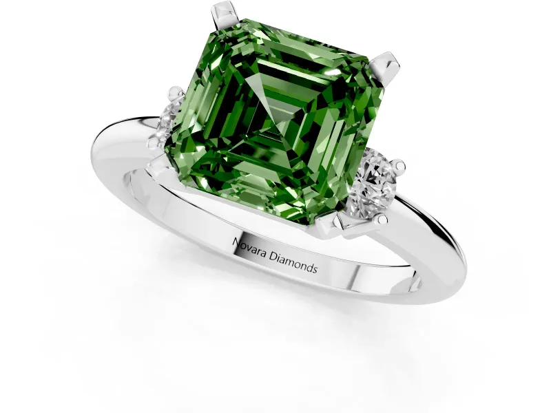 Fancy Green Three-Stone Asscher Cut Diamond Ring Set in Platinum with Prong Setting and Plain Band