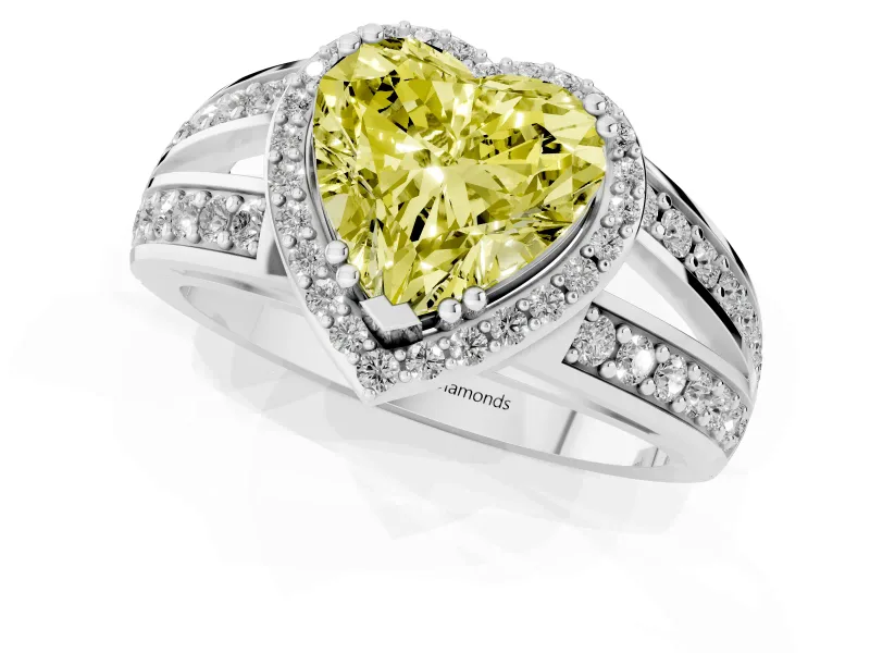 Fancy Yellow Heart Cut Diamond Halo Ring Set in Silver with Double Pavé Split Shank