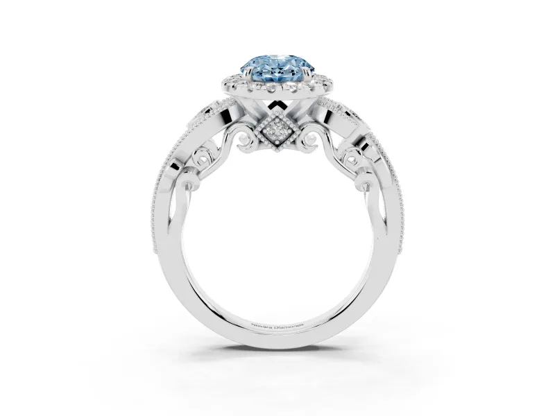 Fancy Blue Oval Cut Diamond Halo Ring Set in Platinum with Milgrain Pavé Band and Prong Setting