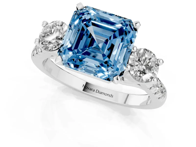 Asscher Cut Three-Stone Engagement Ring Setting for a Fancy Blue Lab-Grown Diamond | White Gold