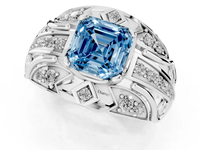 Asscher Cut Art Deco Engagement Ring Setting for a Fancy Blue Lab-Grown Diamond | Sterling Silver