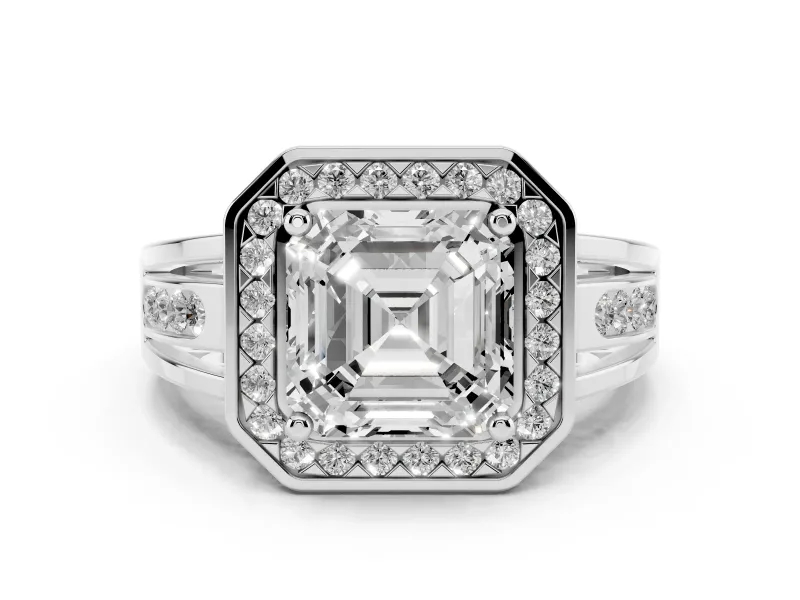 Asscher Cut Diamond Halo Ring Set in Platinum with Pavé and Bezel Accent Split Shank