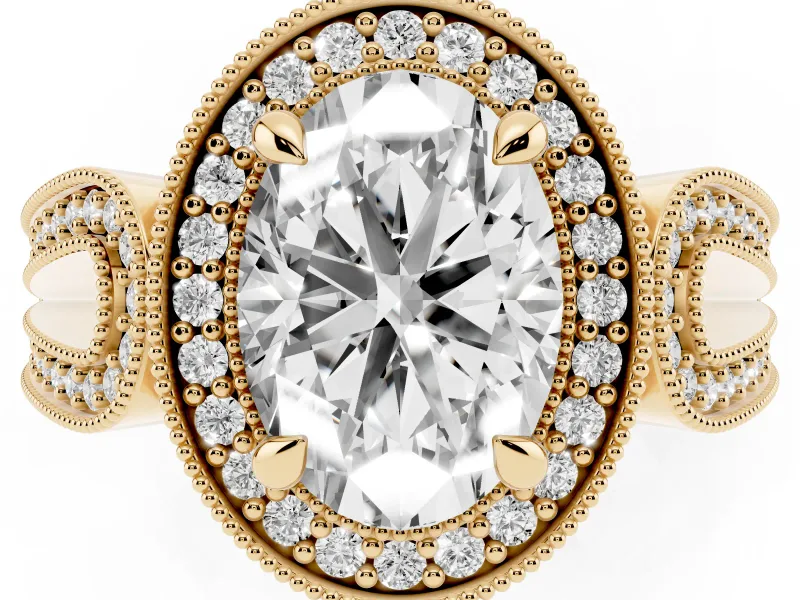 Oval Vintage Milgrain Halo Engagement Ring Setting | Open Loop Pave Shoulders | Yellow Gold