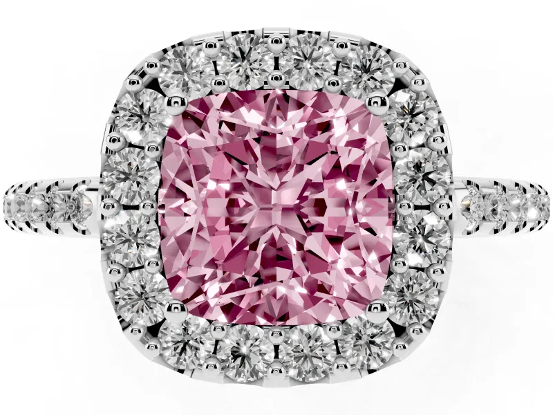 Cushion Cut Pave Halo Engagement Ring Setting for a Fancy Pink Lab-Grown Diamond | Pave Band | Sterling Silver