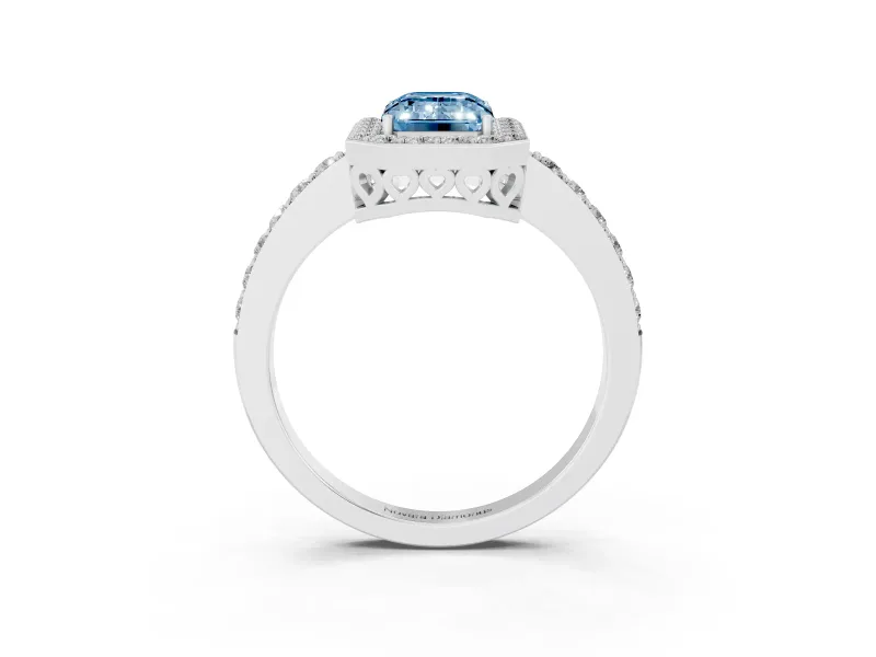 Fancy Blue Emerald Cut Diamond Halo Ring Set in Platinum with Pavé-Setting Band and Open Prong Center