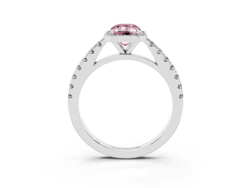 Fancy Pink Emerald Cut Diamond Halo Engagement Ring Set in White gold with Pavé Band and Prong Setting