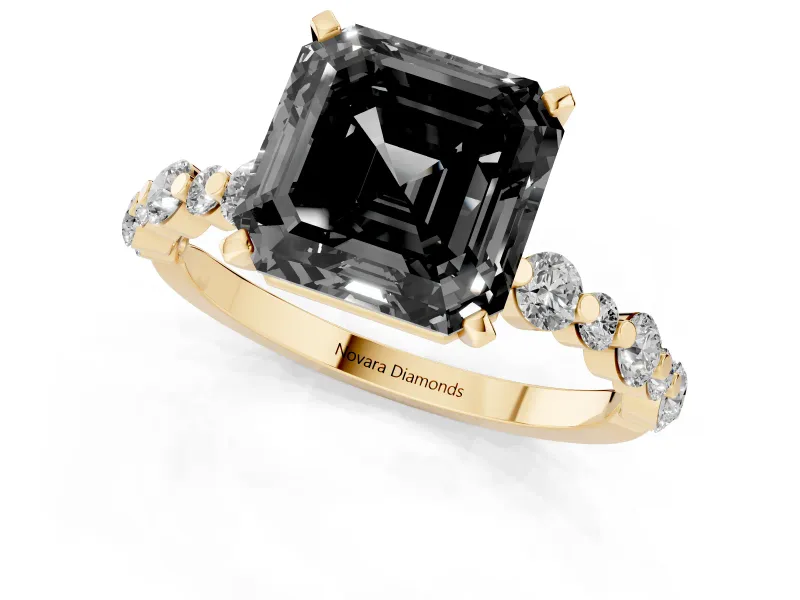 Fancy Black Asscher Cut Diamond Prong Set Engagement Ring Set in Yellow gold with Round Accent Pavé Band