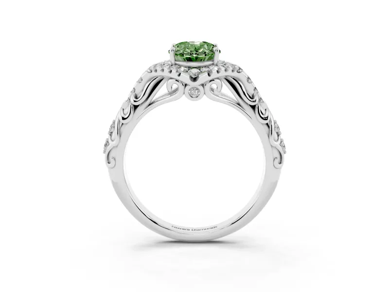 Oval Hidden Halo Filigree Engagement Ring Setting for a Fancy Green Lab-Grown Diamond | White Gold