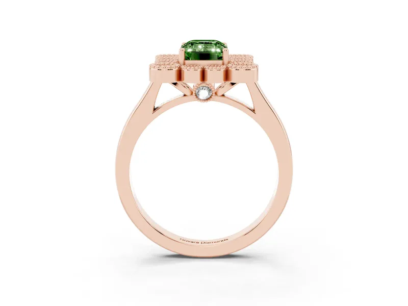 Emerald Cut Milgrain Cluster Halo Engagement Ring Setting for a Fancy Green Lab-Grown Diamond | Plain Band | Rose Gold