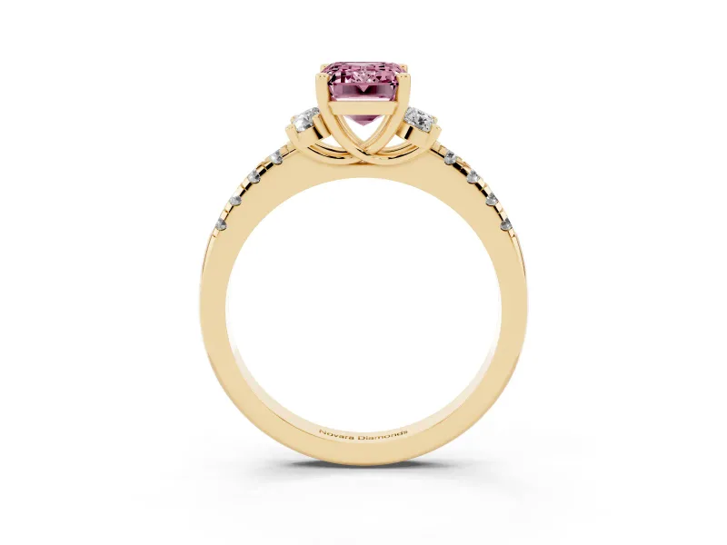 Emerald Cut Side Stone Engagement Ring Setting for a Fancy Pink Lab-Grown Diamond | Pave Band | Yellow Gold