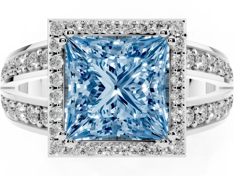 Princess Cut Halo Engagement Ring Setting for a Fancy Blue Lab-Grown Diamond | Pave Split Shank | Sterling Silver
