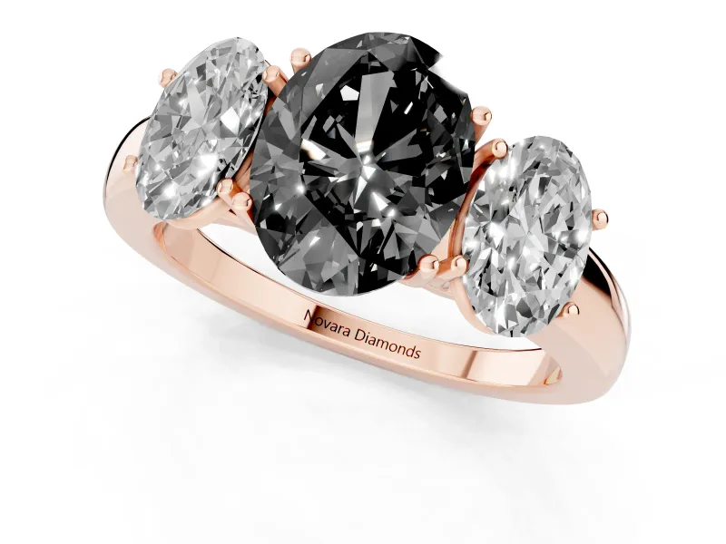 Fancy Black Oval Cut Diamond Three-Stone Ring Set in Rose gold with Bold Center and Classic Band