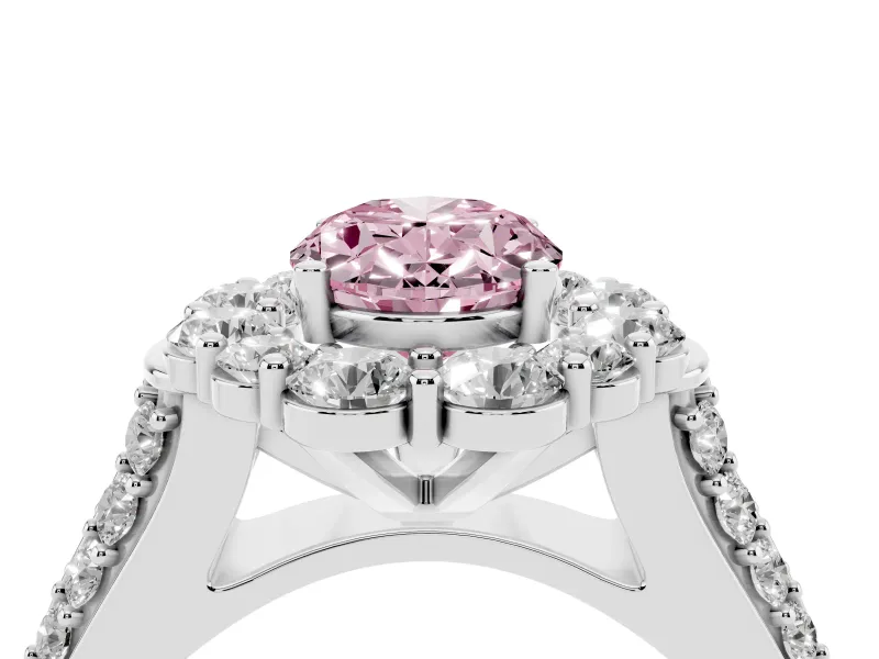 Fancy Pink Oval Cut Diamond Halo Engagement Ring Set in Platinum with Split Shank and Prong Setting