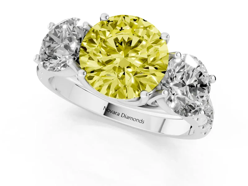 Round Three Stone Engagement Ring Setting for a Fancy Yellow Lab-Grown Diamond | Accented Shoulders | Platinum