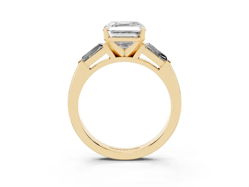 Asscher Cut Diamond Solitaire Ring Set in Yellow gold with Tapered Baguette Side Stones and Prong Setting
