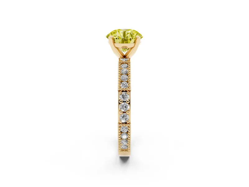 Fancy Yellow Round Cut Diamond Solitaire Ring Set in Yellow gold with Slim Pavé Band and Prong Setting