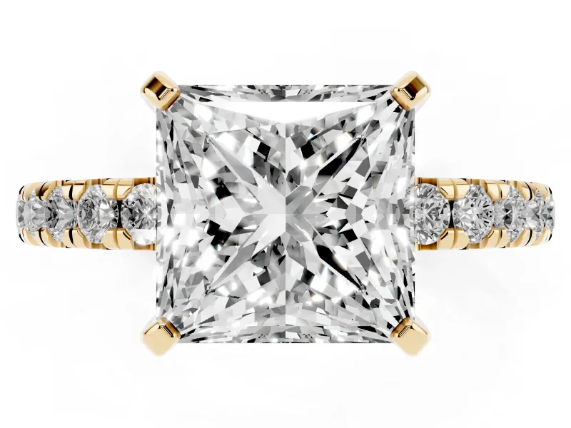 Princess Cut Diamond Pavé Solitaire Ring Set in Yellow gold with Round Band and Prong Setting