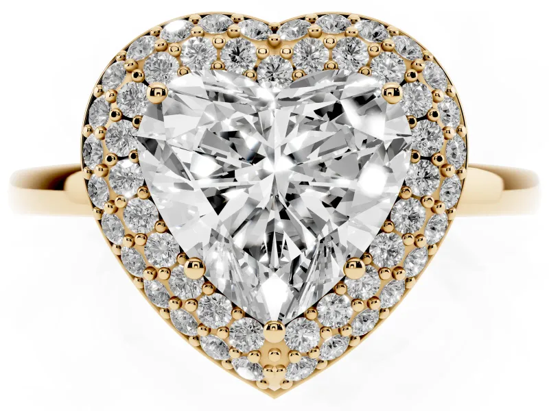 Heart Cut Diamond Halo Engagement Ring Set in Yellow gold with Solitaire Band and Prong Setting
