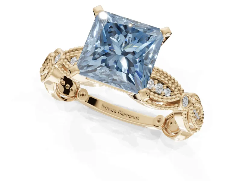 Princess Cut Vintage Engagement Ring Setting for a Fancy Blue Lab-Grown Diamond | Graduated Stations | Yellow Gold