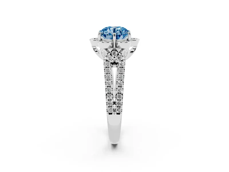 Round Petal Frame Floral Halo Engagement Ring Setting for a Fancy Blue Lab-Grown Diamond | Pavé Split Shank | White Gold