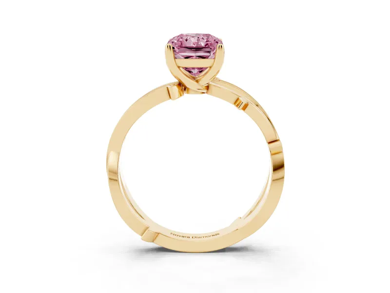 Fancy Pink Radiant Cut Diamond Pavé Twist Band Solitaire Ring Set in Yellow gold with Prong Setting