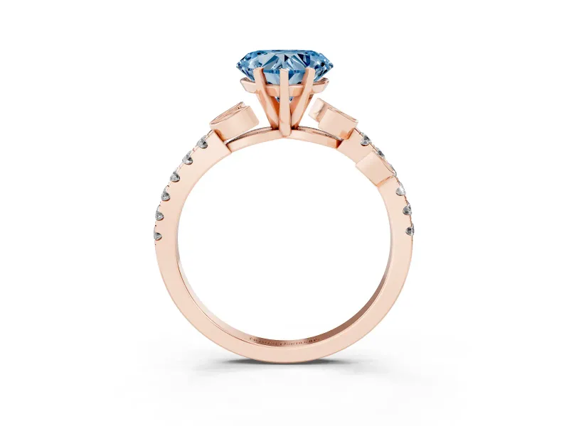 Fancy Blue Heart Cut Diamond Solitaire Leaf-Inspired Ring Set in Rose gold with Pavé Band and Prong Setting