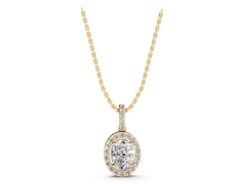 Oval Lab-Grown Diamond Halo Pendant Necklace | Pavé Bail | Yellow Gold