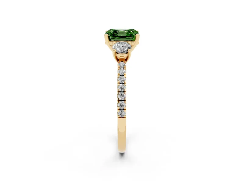 Asscher Cut Three Stone Engagement Ring Setting for a Fancy Green Lab-Grown Diamond | Pave Shoulders | Yellow Gold