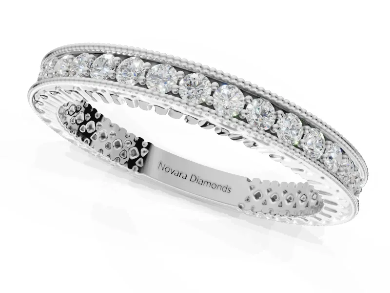 Round Lab-Grown Diamond Milgrain Channel Set Wedding Band | Fluted Gallery | Sterling Silver