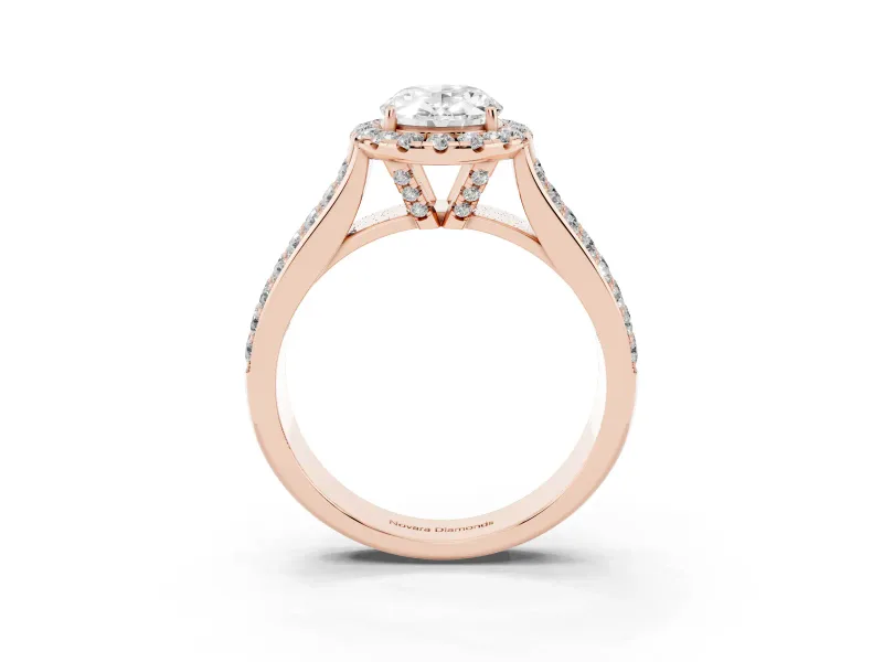 Oval Cut Diamond Halo Ring Set in Rose gold with Pavé Band and Raised Center Setting